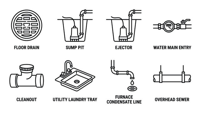 Basement drainage systems and utility plumbing infrastructure icons for residential water management