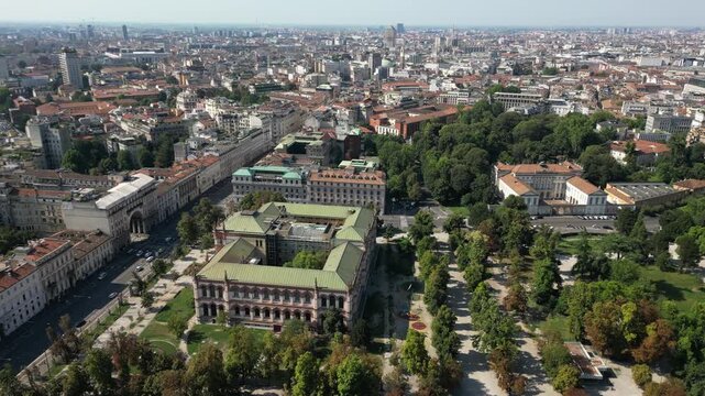 Europe, Italy, MIlan 03,30,2026 drone aerial view of Milan downtown fashion district , Corso Venezia , natural history museum and new skyline , skyscrapers in Gea Aulenti Garibladi , Duomo Cathedral