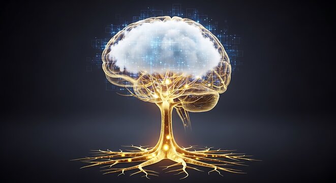 Conceptual tree shaped like a human brain with white cloud foliage and glowing roots