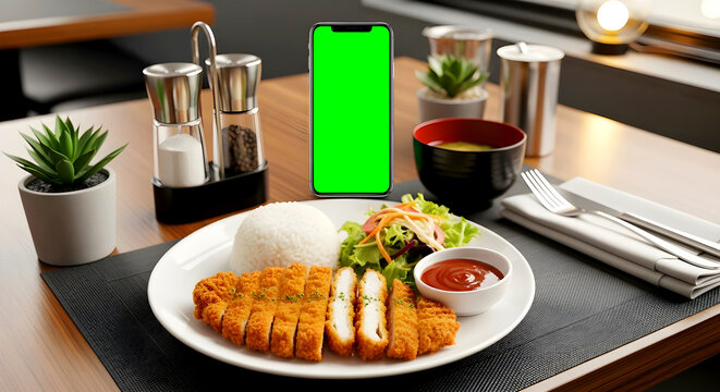 Japanese Chicken Katsu Curry with Rice and Smartphone Mockup &mdash; Chicken Katsu Curry Jepang dengan Nasi dan Mockup Smartphone