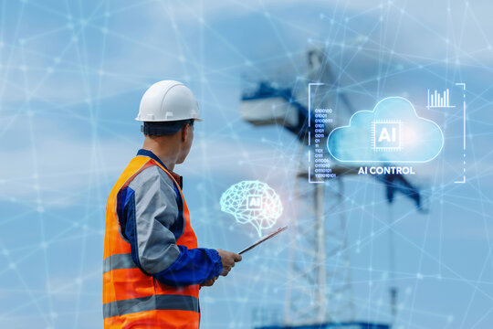 Construction inspector viewing ai control cloud on tablet for crane and site monitoring with remote sensors for industrial background. Concept data technology in logistic industry