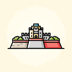 Naklejka premium A stylized cartoon illustration of a castle-like structure on an elevated platform, with green foliage. The artwork has a flat design