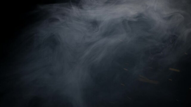 Abstract swirling smoke and embers drifting on a black background.