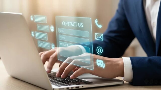 Customer support concept, customer service, online support, help desk. Contact us, Customer care service, Online support, Hotline. Businessman using laptop with contact us form.
