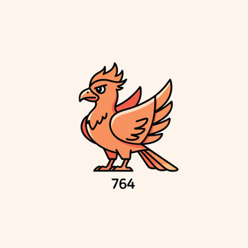 A stylized orange bird with black outlines and expressive features stands on a cream-colored background, numbered 764