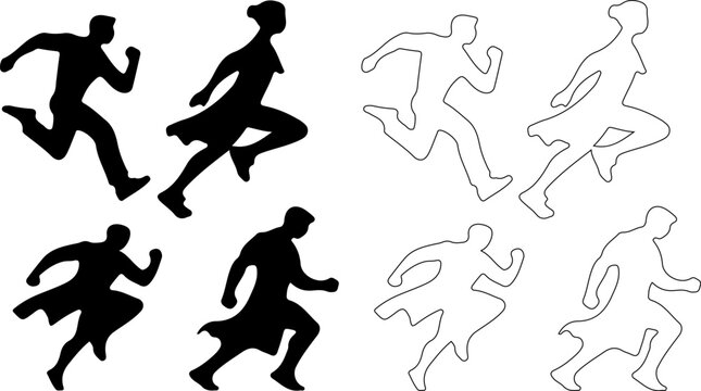 Running people silhouettes and line art icons, set of 8 active human figures in motion, black vector shapes of men and women sprinting