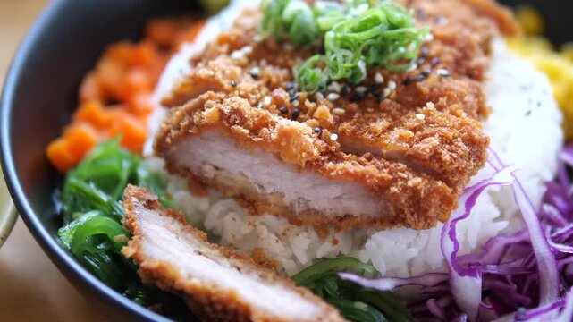 apanese tonkatsu pork cutlet rice bowl with vegetables and sesame for restaurant and oriental food concept