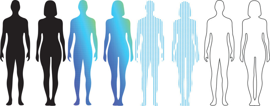 Human body silhouettes in various styles, male and female anatomy outlines, blue gradient and black vector people icons for medical and social infographics