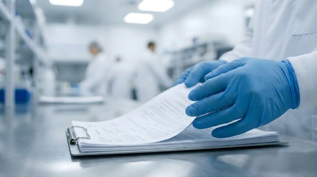Scientist in blue nitrile gloves reviewing clinical research documents on metal clipboard in bright modern laboratory facility with blurred coworkers working in background during medical study trials