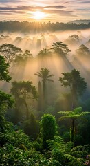 Obraz premium Sunlit Canopy - A Misty Morning in the Tropical Rainforest.