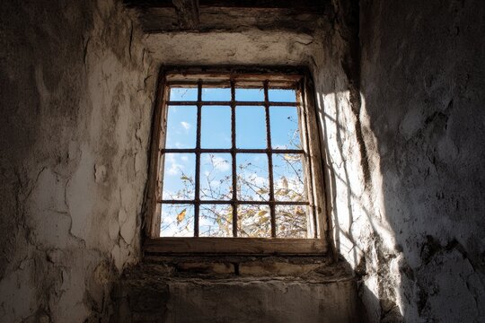 Grimy, stone room window with iron bars looks out to blue sky and autumn trees