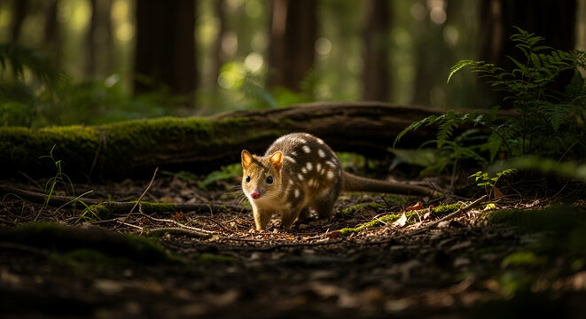 A cute quoll forages on the forest floor amidst fallen leaves and moss-covered logs captured in natural light with blurred background