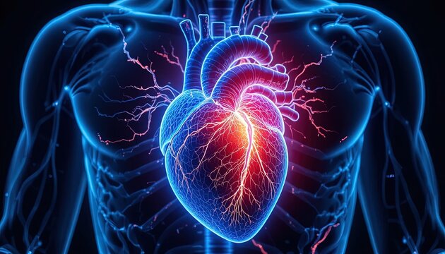 Detailed Illustration of Human Heart and Body Anatomy with Veins, Arteries, and Circulatory System