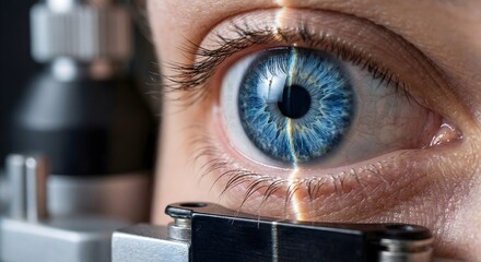 Close up view of human eye undergoing laser eye surgery or medical diagnostic examination with orange scanning beam light passing over blue iris and pupil using professional ophthalmology equipment © Nusrat
