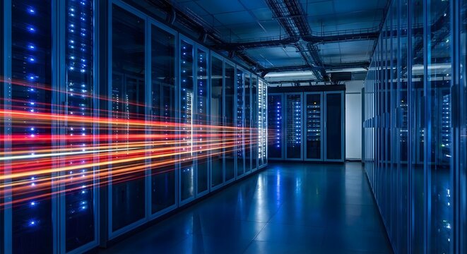 Futuristic network server room interior with glass cabinet doors and colorful light streaks signifying high speed data transmission and secure cloud services in professional corporate environment