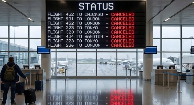 Airport departures board showing multiple flights to various international destinations all canceled due to disruption