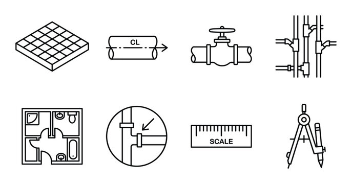 Plumbing schematic elements, tools, and floor plan for design and construction line art
