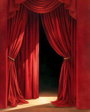  Classic red stage curtains pulled back revealing an empty wooden performance floor and dark space