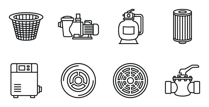 Pool filter pump basket and valve linear icons collection for water system maintenance and cleaning services