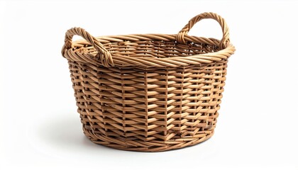 Fototapeta premium Woven Basket with Handle Isolated on White Background Neutral Color