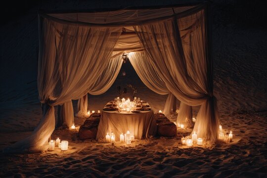 Romantic candlelit dinner set up on sand under draped fabric