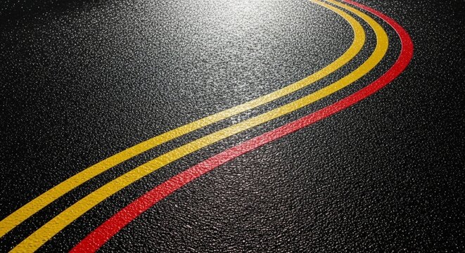 Vibrant yellow and red curved stripes on dark textured asphalt background representing motion and flow through abstract graphic design of road markings with sharp focus and cinematic lighting style