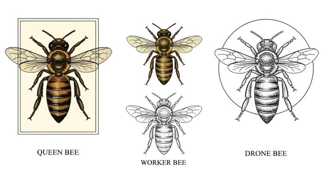 Queen Bee, Worker Bee, Drone Bee: Detailed Illustrations of Honeybee Castes