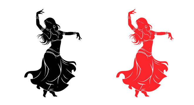 Silhouette of a Belly Dancer in Red and Black, Isolated on White Background