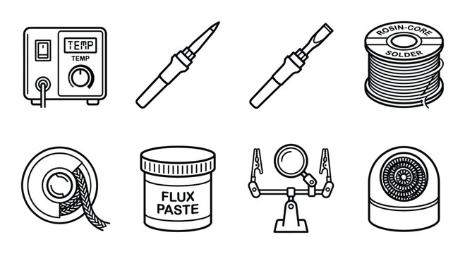 Set of 8 soldering tools and materials line icons for electronics repair and assembly