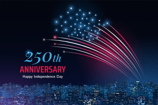 4th of july usa independence day. US flag fireworks over cityscape. Happy fourth of july, independence day. American national holiday. Colorful fireworks on dark sky background. Greeting card. Vector