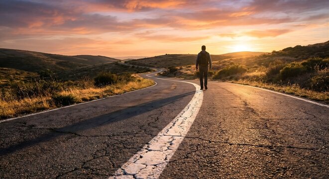 Lone traveler walks down long winding asphalt road towards setting sun, embodying journey, freedom, hope, future, adventure, solitude, optimism, and life path exploration