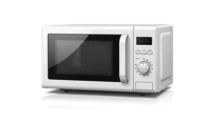 Obraz premium A white microwave oven with a digital display and control panel on a plain background