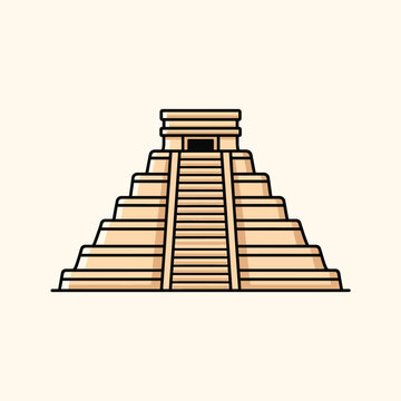 A vectorized illustration of a stepped pyramid with a dark entrance at the top and stairs leading up. The background is a cream color