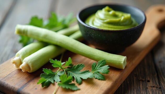 Green wasabi paste in bowl with fresh rhizomes and parsley leaves. Japanese condiment ready for sushi preparation. Spicy food ingredient for gourmet dishes.