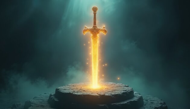 Golden sword glows with bright light on stone pedestal. Mystic weapon emanates energy in dark smoky atmosphere. Fantasy power and legend theme, divine magic object.
