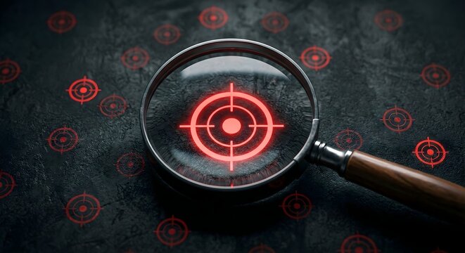 Handheld magnifying glass with wooden handle highlighting red circular target aim icon on dark stone background with scattered UI elements for search mission detection hunting analytics concept view