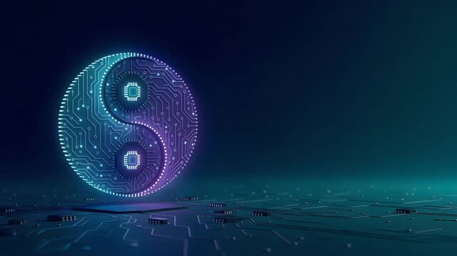 Glowing neon Yin Yang symbol made of digital circuits and microchips representing balance in artificial intelligence and future technology