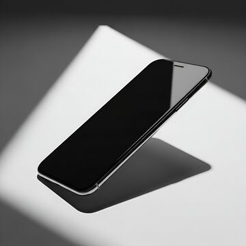 Sleek black smartphone floating in a minimalist studio setting, dramatic light creates geometric