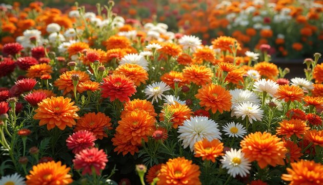 Abundant orange white and red garden flowers bloom together. Colorful natural floral bed in sunlight. Many plants grow with green leaves in summer season.