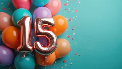 Obraz premium Colorful balloons and confetti celebrate number 15. Rose gold foil numbers mark a milestone age. Festive background for birthdays anniversaries and parties.