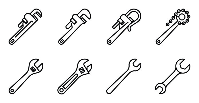 Set of eight plumbing wrenches in outline style isolated on transparent background