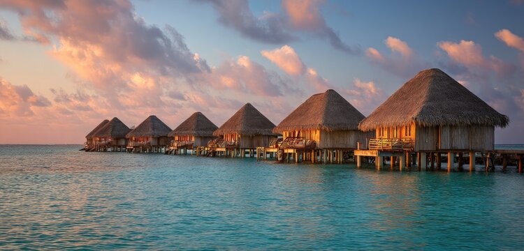 Overwater bungalows with thatched roofs on turquoise water at sunset