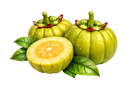 Fresh Garcinia Cambogia Fruit with Slice and Leaves &ndash; Tropical Superfood  isolated on transparent background