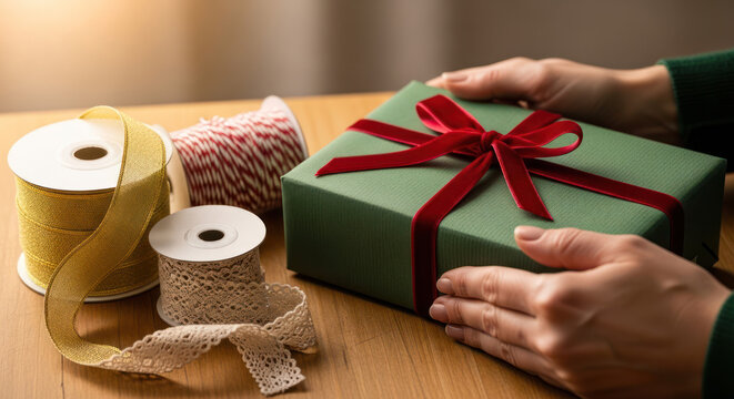 Hands Presenting Wrapped Gift with Ribbons and Bow