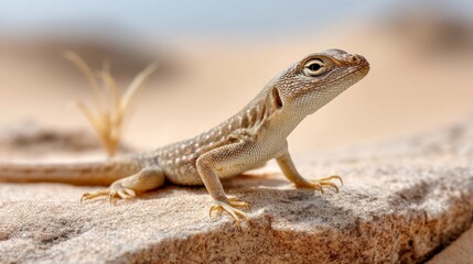 Fototapeta premium Basking Lizard on Warm Rock in Desert Landscape Closeup Photography