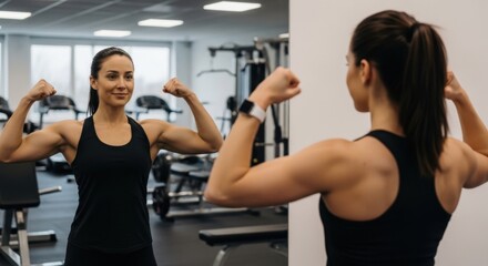 Fototapeta premium Fit woman flexing muscles in gym mirror