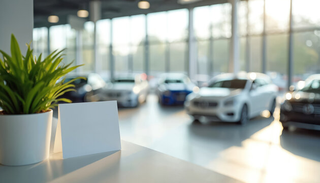 Interior of modern car showroom with parked vehicles. Clean reception desk area with potted plant and blank signage. Bright natural light illuminates sales floor.
