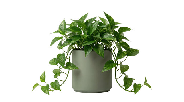 Potted golden pothos plant with trailing vines on transparent background