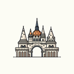 Fototapeta premium A symmetrical architectural illustration, showcasing a building with a central arched entrance, ornate towers, and a domed roof. It is rendered in a clean, colorful style