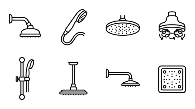 Set of shower heads and shower accessories isolated on transparent background vector line art
